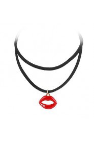 Retro Double Leather Ms. Clavicle Crystal Droplets Lips Pendant Necklace