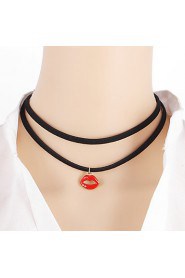 Retro Double Leather Ms. Clavicle Crystal Droplets Lips Pendant Necklace