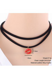 Retro Double Leather Ms. Clavicle Crystal Droplets Lips Pendant Necklace