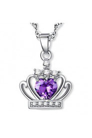 925 Real Silver Ladies Fashion Jewelry Princess Crown Crystal Pendants Long Chain Amethyst Heart Collar Necklace