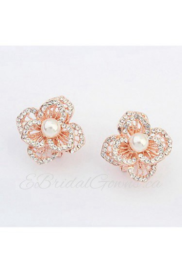 Top Sale Korean Fashion Women Sweet Pink Rose Flower Imitation Pearl White Rhinestone Stud Earrings