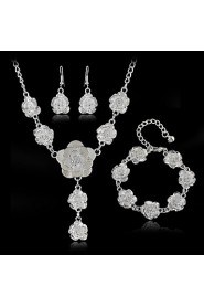 Silver Plated Rose Flower Jewelry Set Necklace Earrings Bracelet Set