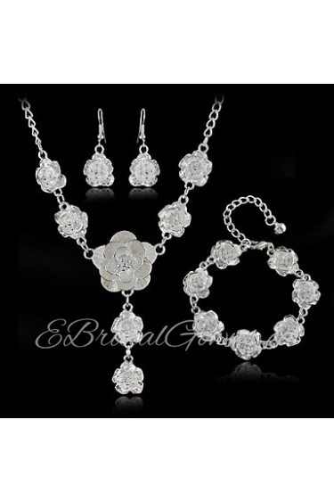 Silver Plated Rose Flower Jewelry Set Necklace Earrings Bracelet Set