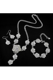 Silver Plated Rose Flower Jewelry Set Necklace Earrings Bracelet Set