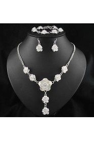 Silver Plated Rose Flower Jewelry Set Necklace Earrings Bracelet Set