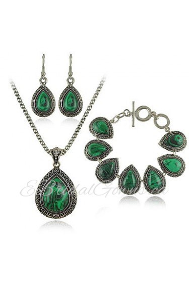 Fashion green malachite stone jewelry sets charm bracelet pendant necklace women Vintage silver jewelry sets