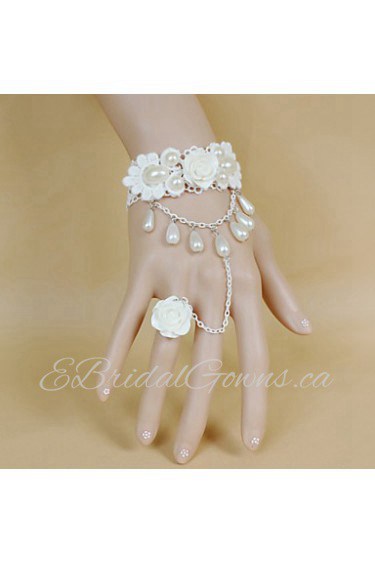 Retro White Flowers Lace Bow Pearl Bracelet Ring Set