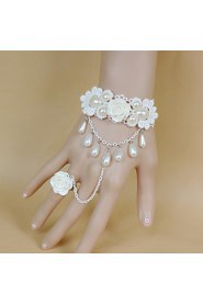 Retro White Flowers Lace Bow Pearl Bracelet Ring Set