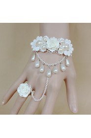 Retro White Flowers Lace Bow Pearl Bracelet Ring Set