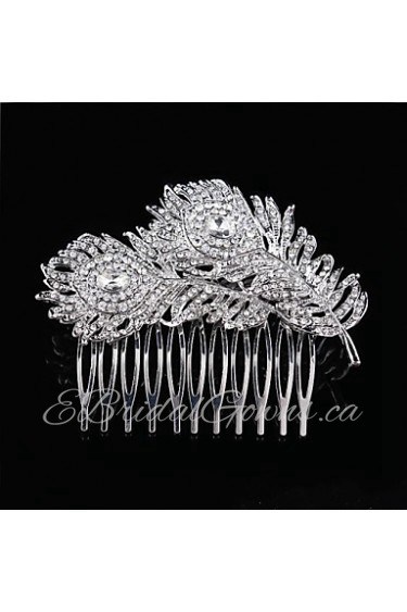 Wedding Bride Flower Austria Rhinestone Feather Silver Combs Hair Accessories