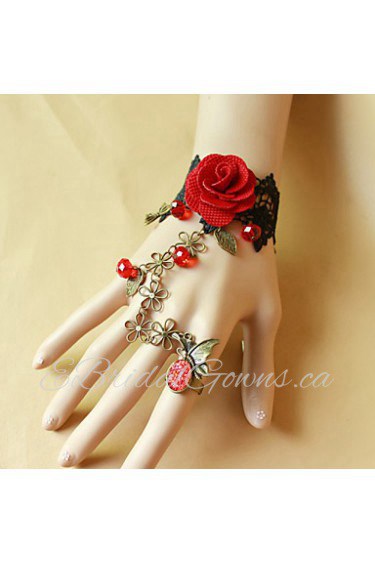 Retro Butterfly Black Lace Red Roses Bracelet Ring Set