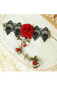 Retro Butterfly Black Lace Red Roses Bracelet Ring Set