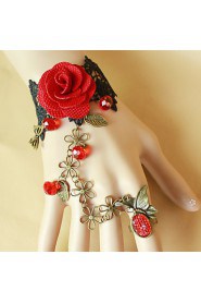 Retro Butterfly Black Lace Red Roses Bracelet Ring Set