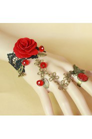 Retro Butterfly Black Lace Red Roses Bracelet Ring Set