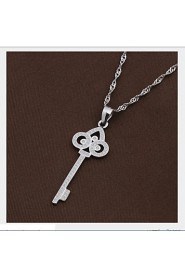 Cute Real 925 Sterling Silver Key Pendant Water Wave Chain Necklace Elegant Women Girl Noble Crystal Jewelry