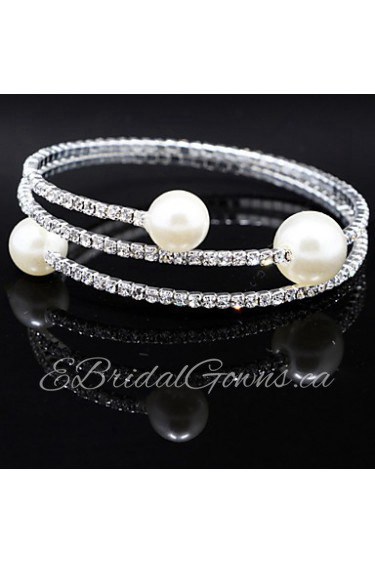 18k Silver Crystal Pearl Double Layer Elastic Bangle Bracelet for Women