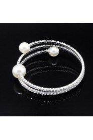 18k Silver Crystal Pearl Double Layer Elastic Bangle Bracelet for Women