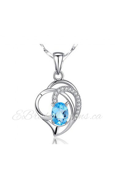 Vintage Real 925 Silver Link Chain Forever Love Blue Heart Pendant Zircon Necklace Women Charms Crystal Jewelry