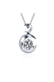 Trendy Double Moon Necklace Real 925 Sterling Silver Pendant Round Rhinestone Zircon Women Fine Jewelry