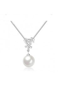 Real Silver Gold Plated Plum Blossom Flower Link Chain Round Simulated Pearl Pendant Necklace for Women