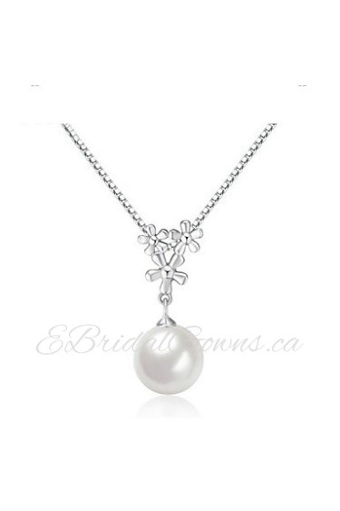 Real Silver Gold Plated Plum Blossom Flower Link Chain Round Simulated Pearl Pendant Necklace for Women