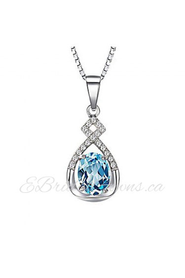 Super Flash Retro Blue Rhinestone Stone Pendant Necklace 925 Silver Chain Vintage Women Nice Jewelry