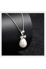 Vintage Fresh Water Simulated Pearl Pendant Statement Bowknot Necklace Real 925 Silver Link Chain Women Jewelry