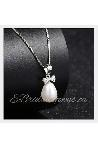 Vintage Fresh Water Simulated Pearl Pendant Statement Bowknot Necklace Real 925 Silver Link Chain Women Jewelry