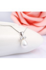 Vintage Fresh Water Simulated Pearl Pendant Statement Bowknot Necklace Real 925 Silver Link Chain Women Jewelry