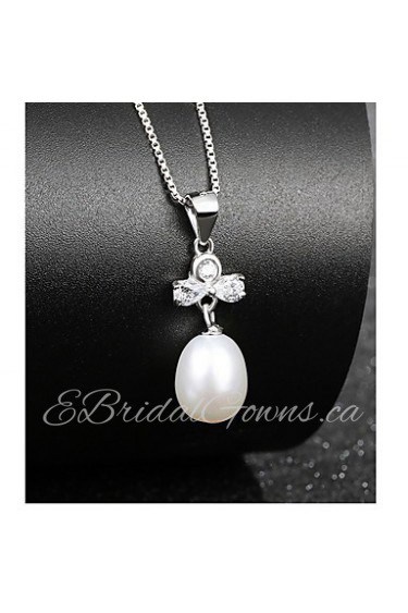 Vintage Fresh Water Natural Pearl Pendant Crystal Bowknot Necklace Real 925 Silver Chain Women Wonderful Jewelry