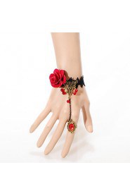 Vintage Big Red Rose Small Bead Bracelet With Ring
