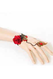 Vintage Big Red Rose Small Bead Bracelet With Ring