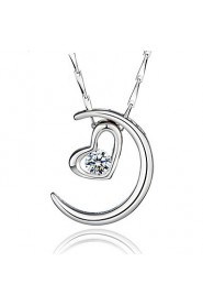 Trendy Moon Necklace Real 925 Sterling Silver Heart Pendant With Big Rhinestone Vintage Women Jewelry