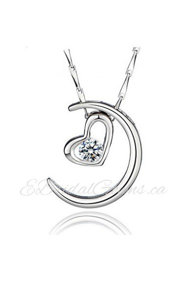 Trendy Moon Necklace Real 925 Sterling Silver Heart Pendant With Big Rhinestone Vintage Women Jewelry