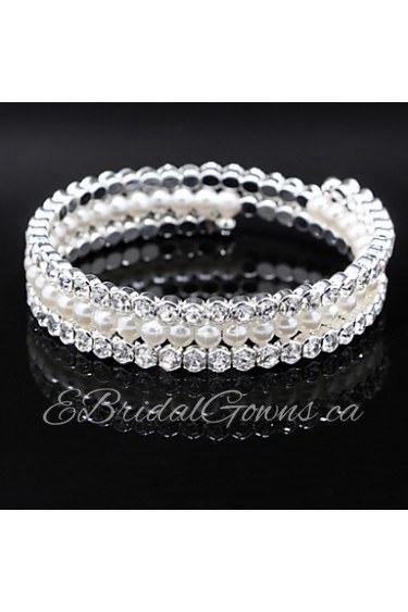 Fine Jewelry Silver Crystal Pearl Elastic Bangle Bracelet for Party