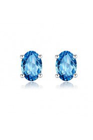 Vintage Amethyst Blue Round Stone Studs Earrings Fashion Crystal Weeding Jewelry for Women 925 Sterling Silver