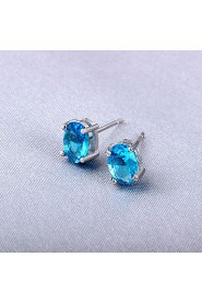 Vintage Amethyst Blue Round Stone Studs Earrings Fashion Crystal Weeding Jewelry for Women 925 Sterling Silver