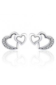 Antique Zircon Double Heart Earrings Real 925 Silver Women Crystal Stud Earrings Brand Jewelry