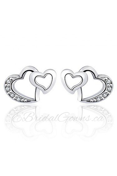 Antique Zircon Double Heart Earrings Real 925 Silver Women Crystal Stud Earrings Brand Jewelry