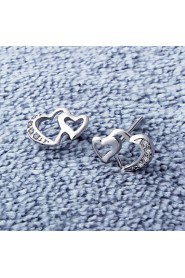 Antique Zircon Double Heart Earrings Real 925 Silver Women Crystal Stud Earrings Brand Jewelry