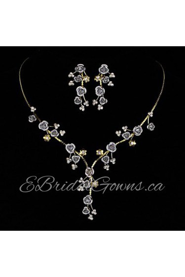 AZircon Gem Rose Flower Shape Necklace & Earrings Jewelry Set(Golden/Silver)