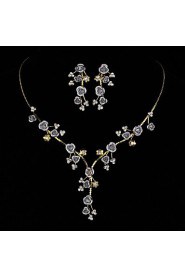 AZircon Gem Rose Flower Shape Necklace & Earrings Jewelry Set(Golden/Silver)