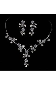 AZircon Gem Rose Flower Shape Necklace & Earrings Jewelry Set(Golden/Silver)