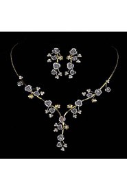 AZircon Gem Rose Flower Shape Necklace & Earrings Jewelry Set(Golden/Silver)