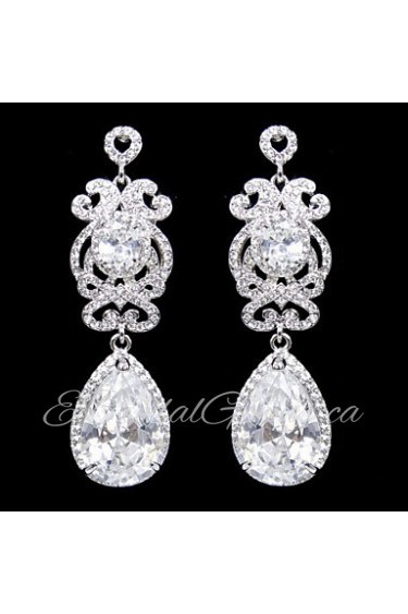 Vintage Women's Water Dorp Earrings Zircon Diamond Long Silver Earring For Wedding Bridal