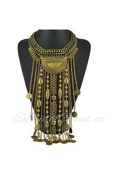 Ethnic Jewelry Long Tassel Caving Beads Coin Statement Necklace Antique Silver and Gold Color Gift for Girl