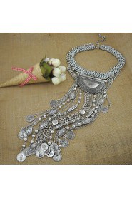 Ethnic Jewelry Long Tassel Caving Beads Coin Statement Necklace Antique Silver and Gold Color Gift for Girl