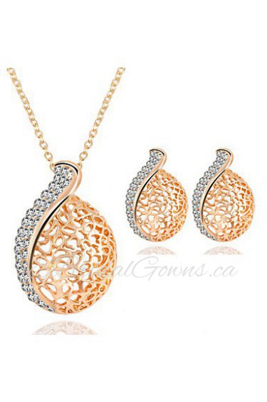 Luxury Hollow-out Teardrop-shaped Pendant Rhinestones Necklace + Earrings Jewelry Sets