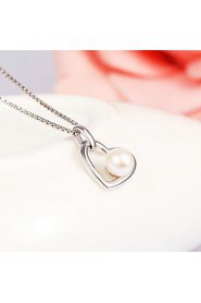 Real 925 Sterling Silver Link Chain Heart-Shaped Simulated Pearl Necklace