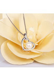 Real 925 Sterling Silver Link Chain Heart-Shaped Simulated Pearl Necklace